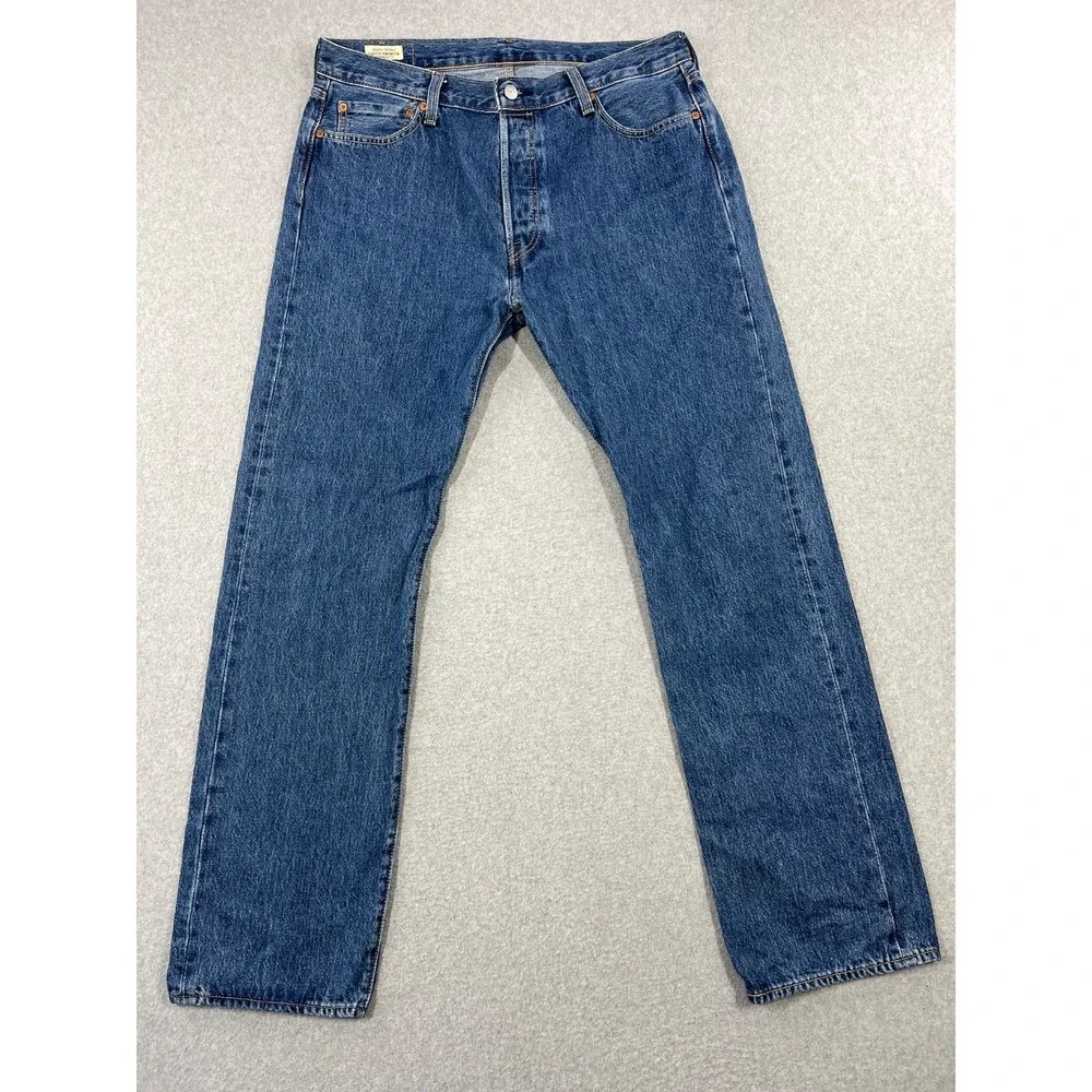 Levis Premium 501 Button Fly Jeans Mens 36x34 Blue Big E Original Straight Leg